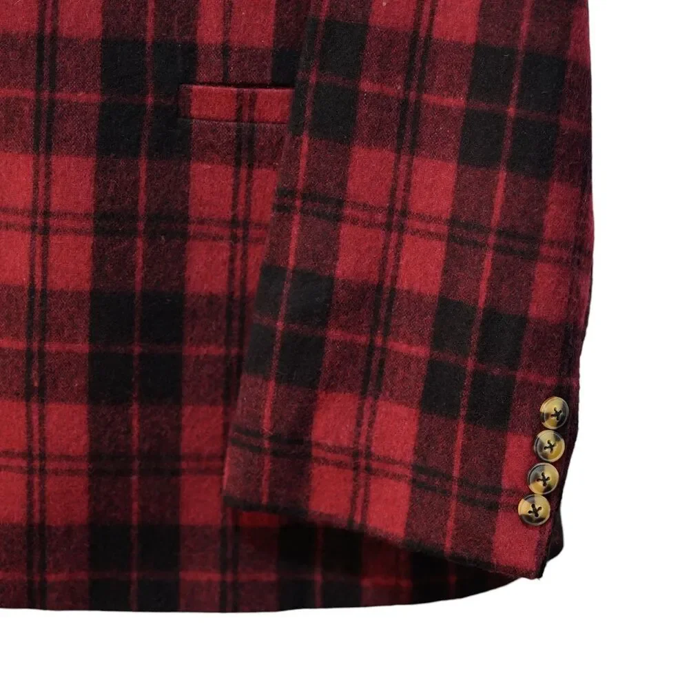Mens Lambswool Sport Coat 44R Red Black Tartan Plaid Blazer 2 Button Classic